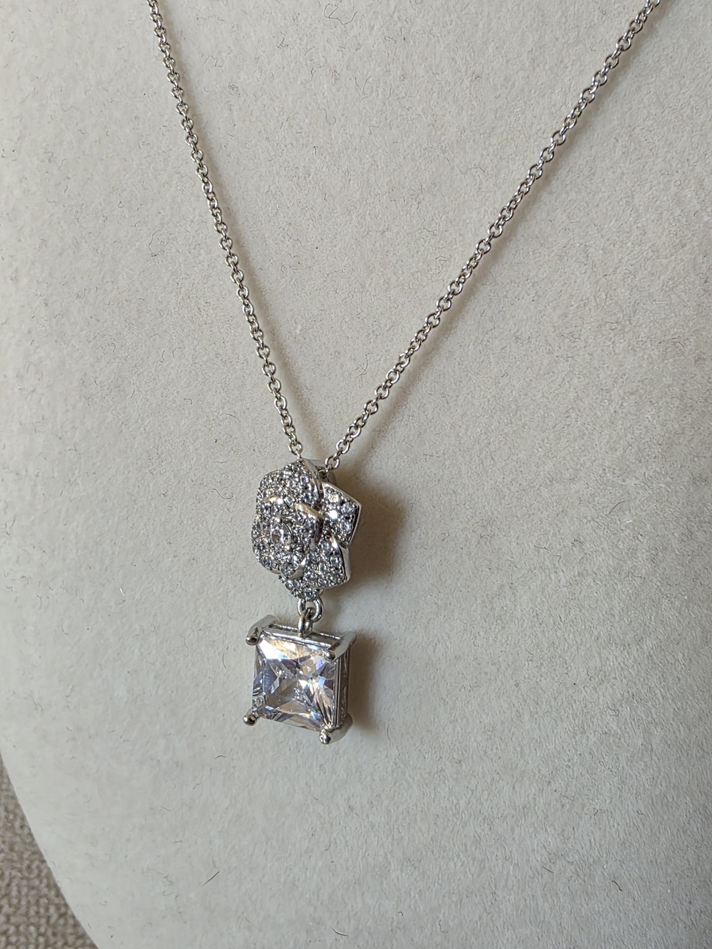 Silver Tone Pavé Flower CZ Pendant Necklace Princess Cut Crystal